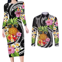 Hau'oli Makahiki Hou Couples Matching Long Sleeve Bodycon Dress and Long Sleeve Button Shirt Aloha Pineapple Tropical Vibe