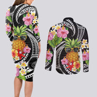 Hau'oli Makahiki Hou Couples Matching Long Sleeve Bodycon Dress and Long Sleeve Button Shirt Aloha Pineapple Tropical Vibe