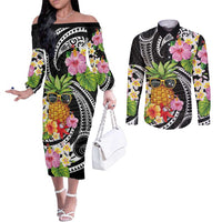 Hau'oli Makahiki Hou Couples Matching Off The Shoulder Long Sleeve Dress and Long Sleeve Button Shirt Aloha Pineapple Tropical Vibe