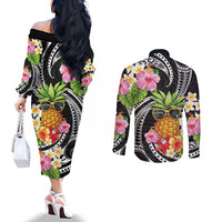 Hau'oli Makahiki Hou Couples Matching Off The Shoulder Long Sleeve Dress and Long Sleeve Button Shirt Aloha Pineapple Tropical Vibe