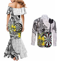 Personalised New Zealand Darts Couples Matching Mermaid Dress and Long Sleeve Button Shirt Kowhai Floral with Maori Tattoo