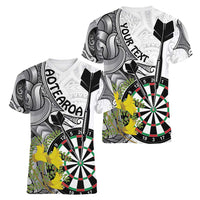 Personalised New Zealand Darts Women V-Neck T-Shirt Kowhai Floral with Maori Tattoo