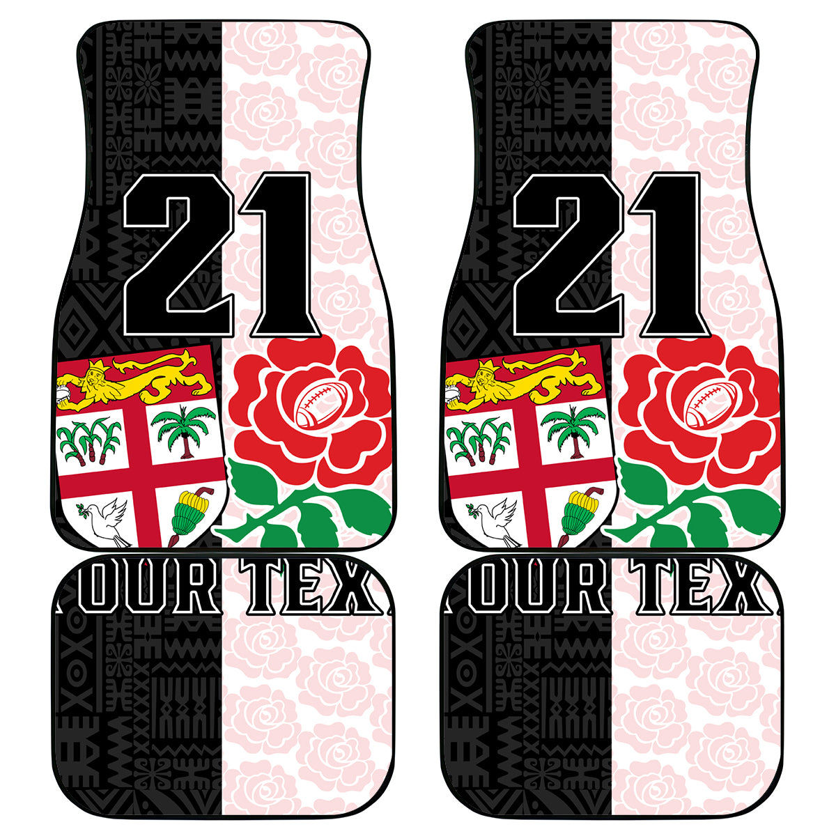Custom Fiji England Rugby Car Mats Tapa Pattern and Rose Flower World Cup 2023 LT9 White - Polynesian Pride