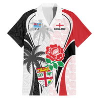 Custom Fiji England Rugby Family Matching Mermaid Dress and Hawaiian Shirt Tapa Pattern and Rose Flower World Cup 2023 LT9 Dad's Shirt - Short Sleeve White - Polynesian Pride