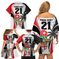 Custom Fiji England Rugby Family Matching Off Shoulder Short Dress and Hawaiian Shirt Tapa Pattern and Rose Flower World Cup 2023 LT9 - Polynesian Pride