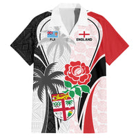 Custom Fiji England Rugby Family Matching Puletasi Dress and Hawaiian Shirt Tapa Pattern and Rose Flower World Cup 2023 LT9 Dad's Shirt - Short Sleeve White - Polynesian Pride