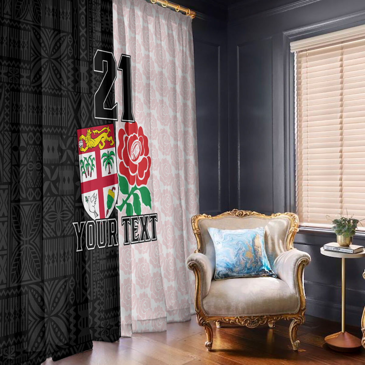 Custom Fiji England Rugby Window Curtain Tapa Pattern and Rose Flower World Cup 2023 LT9 With Hooks White - Polynesian Pride