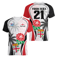Custom Fiji England Rugby Women V Neck T Shirt Tapa Pattern and Rose Flower World Cup 2023 LT9 - Polynesian Pride