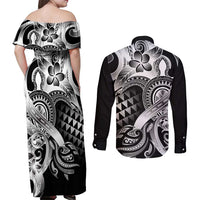 Aloha Black Tribal Honu Tattoo Couples Matching Off Shoulder Maxi Dress and Long Sleeve Button Shirt