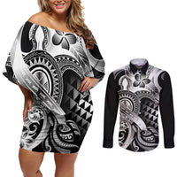 Aloha Black Tribal Honu Tattoo Couples Matching Off Shoulder Short Dress and Long Sleeve Button Shirt