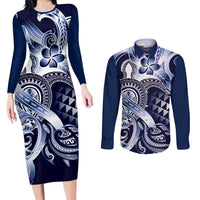 Aloha Blue Tribal Honu Tattoo Couples Matching Long Sleeve Bodycon Dress and Long Sleeve Button Shirt