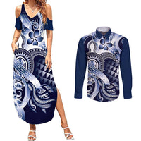 Aloha Blue Tribal Honu Tattoo Couples Matching Summer Maxi Dress and Long Sleeve Button Shirt