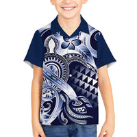 Aloha Blue Tribal Honu Tattoo Family Matching Tank Maxi Dress and Hawaiian Shirt