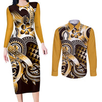 Aloha Gold Tribal Honu Tattoo Couples Matching Long Sleeve Bodycon Dress and Long Sleeve Button Shirt