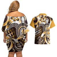 Aloha Gold Tribal Honu Tattoo Couples Matching Off Shoulder Short Dress and Hawaiian Shirt