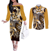 Aloha Gold Tribal Honu Tattoo Couples Matching Off The Shoulder Long Sleeve Dress and Long Sleeve Button Shirt