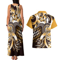 Aloha Gold Tribal Honu Tattoo Couples Matching Tank Maxi Dress and Hawaiian Shirt