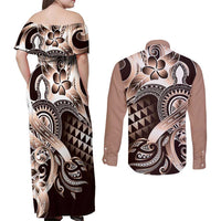 Aloha Mocha Mousse Tribal Honu Tattoo Couples Matching Off Shoulder Maxi Dress and Long Sleeve Button Shirt