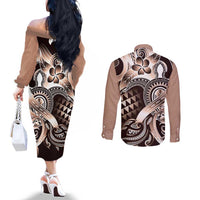 Aloha Mocha Mousse Tribal Honu Tattoo Couples Matching Off The Shoulder Long Sleeve Dress and Long Sleeve Button Shirt