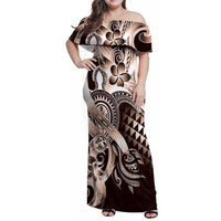 Aloha Mocha Mousse Tribal Honu Tattoo Family Matching Off Shoulder Maxi Dress and Hawaiian Shirt