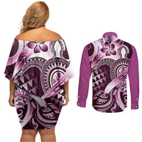 Aloha Pink Tribal Honu Tattoo Couples Matching Off Shoulder Short Dress and Long Sleeve Button Shirt