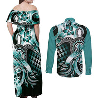 Aloha Turquoise Tribal Honu Tattoo Couples Matching Off Shoulder Maxi Dress and Long Sleeve Button Shirt