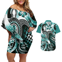 Aloha Turquoise Tribal Honu Tattoo Couples Matching Off Shoulder Short Dress and Hawaiian Shirt