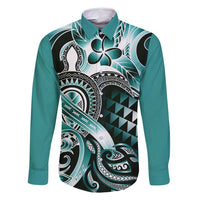 Aloha Turquoise Tribal Honu Tattoo Family Matching Long Sleeve Bodycon Dress and Hawaiian Shirt