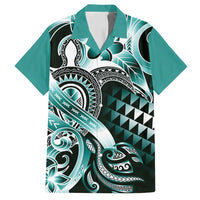 Aloha Turquoise Tribal Honu Tattoo Family Matching Off Shoulder Short Dress and Hawaiian Shirt