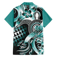 Aloha Turquoise Tribal Honu Tattoo Family Matching Off Shoulder Short Dress and Hawaiian Shirt