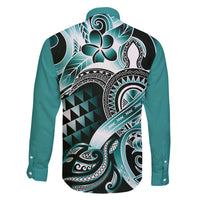 Aloha Turquoise Tribal Honu Tattoo Family Matching Off Shoulder Short Dress and Hawaiian Shirt