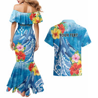 Personalised Kosrae States Humpback Whale Couples Matching Mermaid Dress and Hawaiian Shirt Polynesian Tropical Flowers