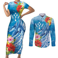 Personalised Kosrae States Humpback Whale Couples Matching Short Sleeve Bodycon Dress and Long Sleeve Button Shirt Polynesian Tropical Flowers