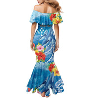 Personalised Kosrae States Humpback Whale Family Matching Mermaid Dress and Hawaiian Shirt Polynesian Tropical Flowers