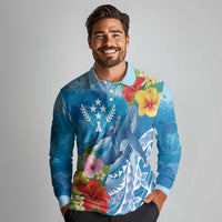 Personalised Kosrae States Humpback Whale Long Sleeve Polo Shirt Polynesian Tropical Flowers