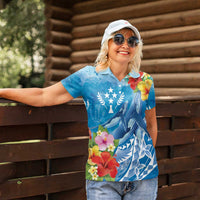 Personalised Kosrae States Humpback Whale Women Polo Shirt Polynesian Tropical Flowers