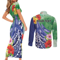 Personalised Pohnpei States Humpback Whale Couples Matching Short Sleeve Bodycon Dress and Long Sleeve Button Shirt Polynesian Tropical Flowers