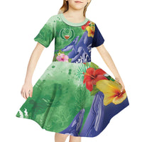 Personalised Pohnpei States Humpback Whale Kid Short Sleeve Dress Polynesian Tropical Flowers