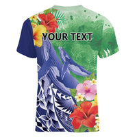 Personalised Pohnpei States Humpback Whale Women V-Neck T-Shirt Polynesian Tropical Flowers