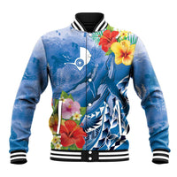 Personalised Yap States Humpback Whale Baseball Jacket Polynesian Tropical Flowers