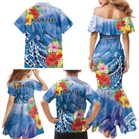 Personalised Yap States Humpback Whale Family Matching Mermaid Dress and Hawaiian Shirt Polynesian Tropical Flowers