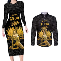 Haitian Negre Marron 1804 Couples Matching Long Sleeve Bodycon Dress and Long Sleeve Button Shirt Black Polynesian Pattern