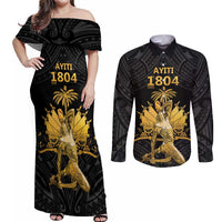 Haitian Negre Marron 1804 Couples Matching Off Shoulder Maxi Dress and Long Sleeve Button Shirt Black Polynesian Pattern