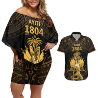 Haitian Negre Marron 1804 Couples Matching Off Shoulder Short Dress and Hawaiian Shirt Gold Polynesian Pattern