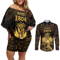 Haitian Negre Marron 1804 Couples Matching Off Shoulder Short Dress and Long Sleeve Button Shirt Gold Polynesian Pattern