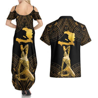 Haitian Negre Marron 1804 Couples Matching Summer Maxi Dress and Hawaiian Shirt Gold Polynesian Pattern