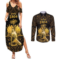 Haitian Negre Marron 1804 Couples Matching Summer Maxi Dress and Long Sleeve Button Shirt Gold Polynesian Pattern