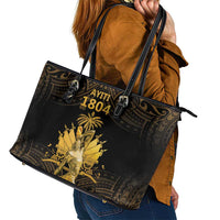 Haitian Negre Marron 1804 Leather Tote Bag Gold Polynesian Pattern