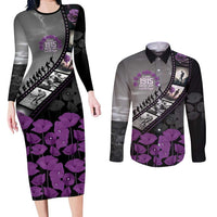 Personalised Remembering ANZAC Lest We Forget Couples Matching Long Sleeve Bodycon Dress and Long Sleeve Button Shirt Vintage Film Frame Memorial Purple Poppy