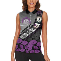 Personalised Remembering ANZAC Lest We Forget Women Sleeveless Polo Shirt Vintage Film Frame Memorial Purple Poppy